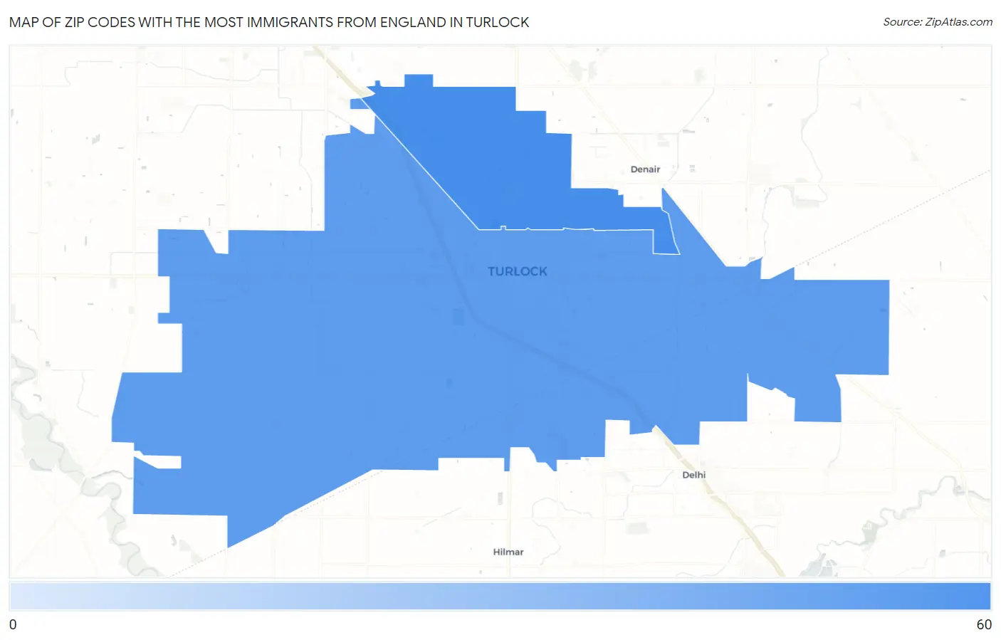 Zip Codes with the Most Immigrants from England in Turlock Map
