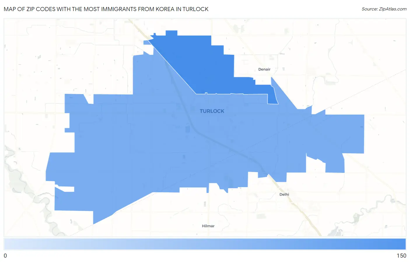 Zip Codes with the Most Immigrants from Korea in Turlock Map