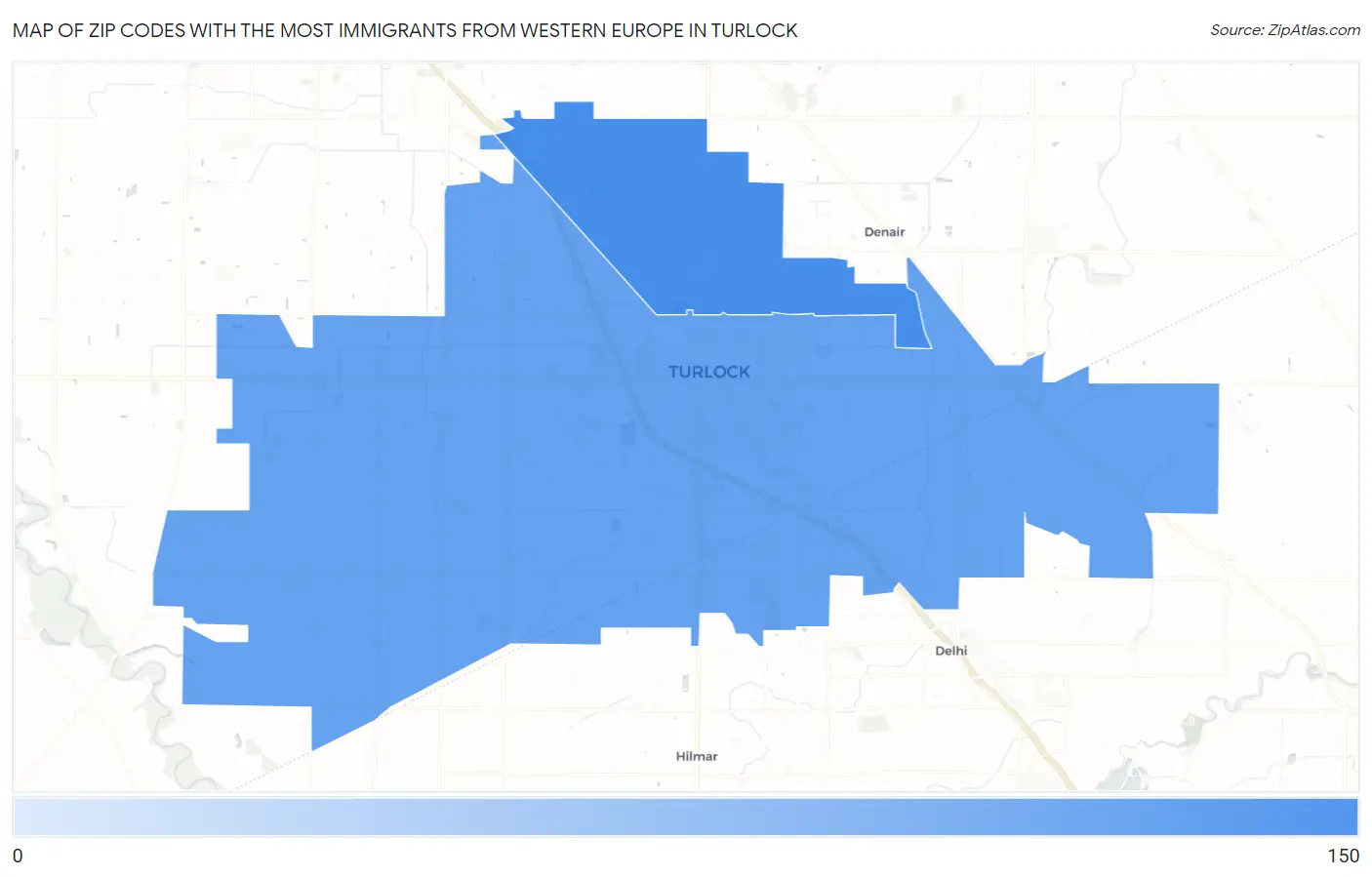 Zip Codes with the Most Immigrants from Western Europe in Turlock Map