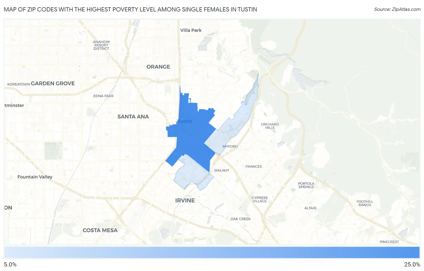 Zip Codes with the Highest Poverty Level Among Single Females in Tustin Map