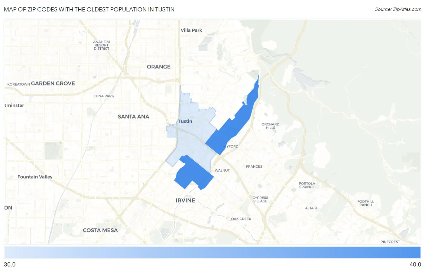Zip Codes with the Oldest Population in Tustin Map