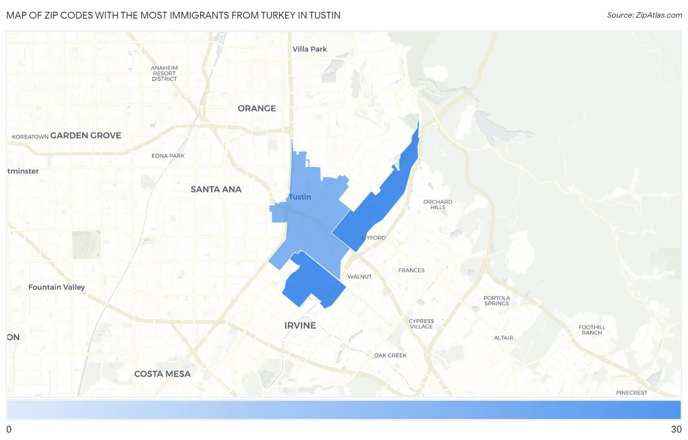 Zip Codes with the Most Immigrants from Turkey in Tustin Map