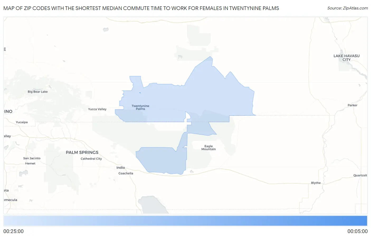 Zip Codes with the Shortest Median Commute Time to Work for Females in Twentynine Palms Map