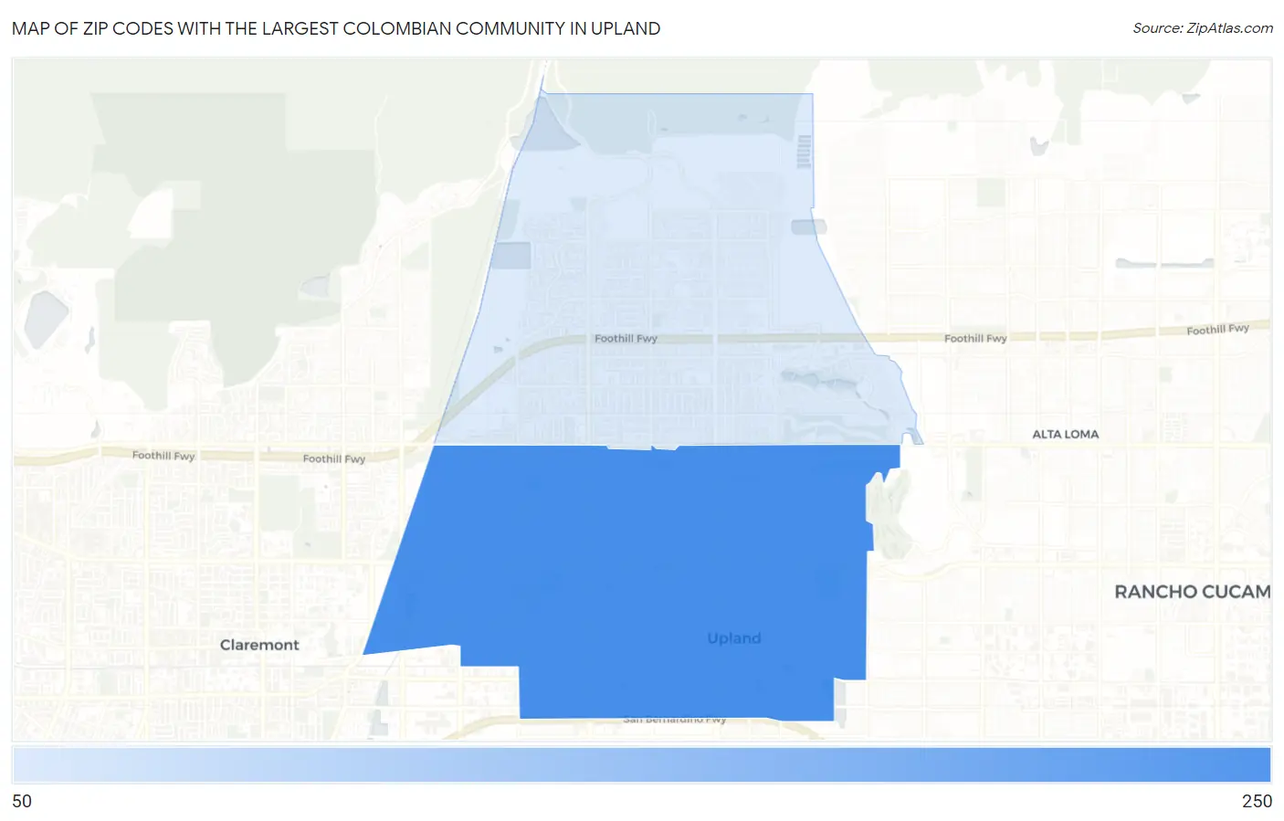 Zip Codes with the Largest Colombian Community in Upland Map