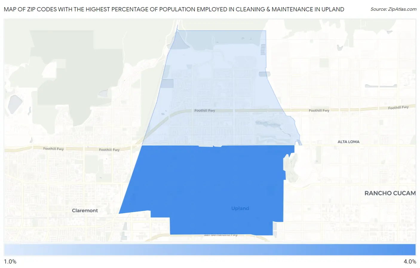 Zip Codes with the Highest Percentage of Population Employed in Cleaning & Maintenance in Upland Map
