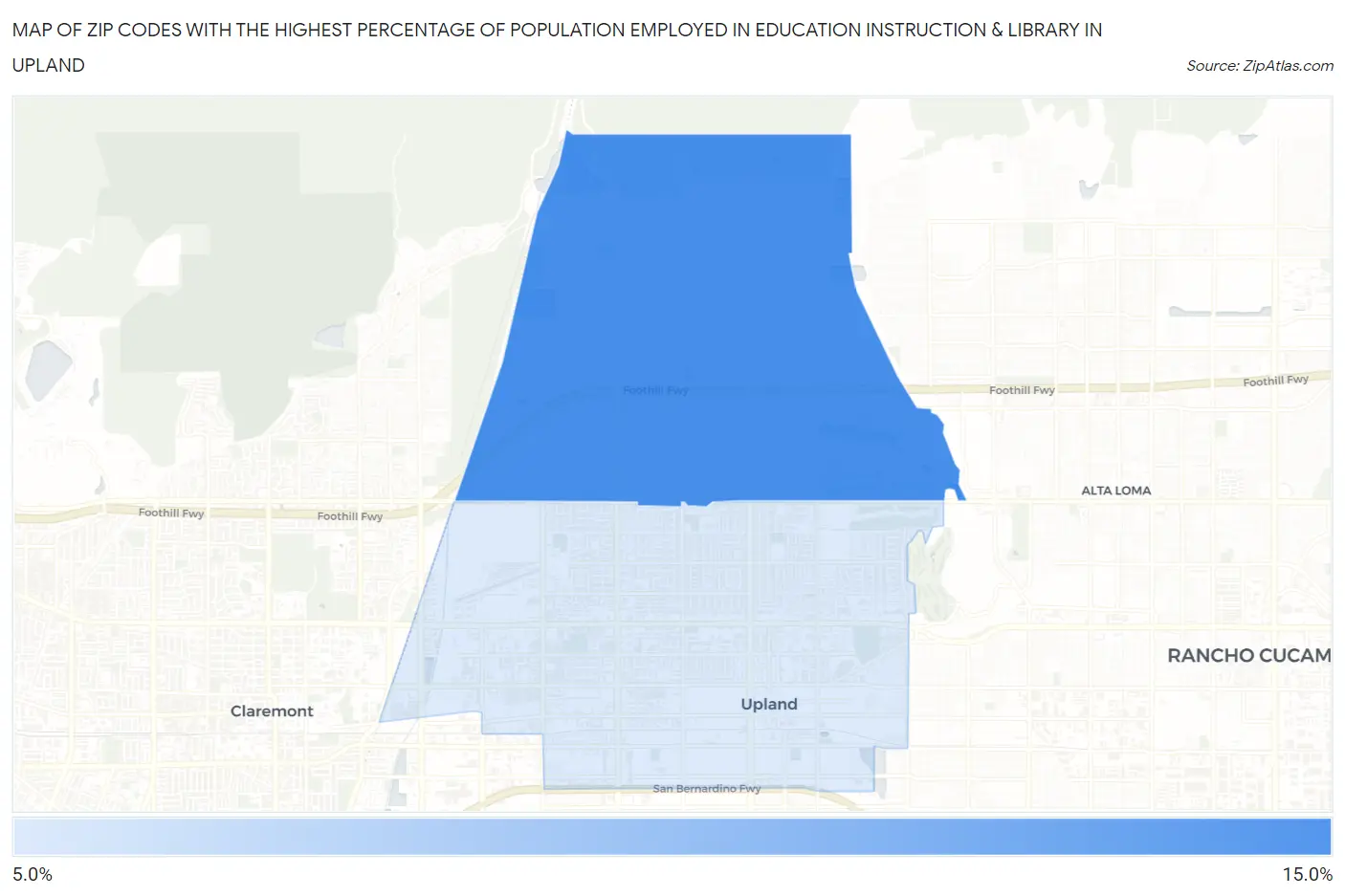Zip Codes with the Highest Percentage of Population Employed in Education Instruction & Library in Upland Map