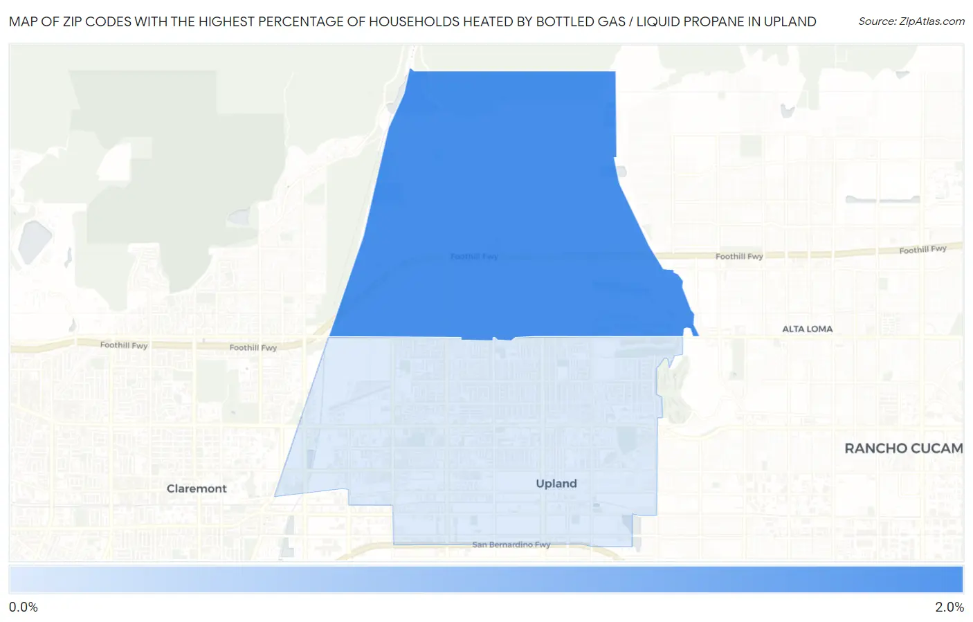 Zip Codes with the Highest Percentage of Households Heated by Bottled Gas / Liquid Propane in Upland Map