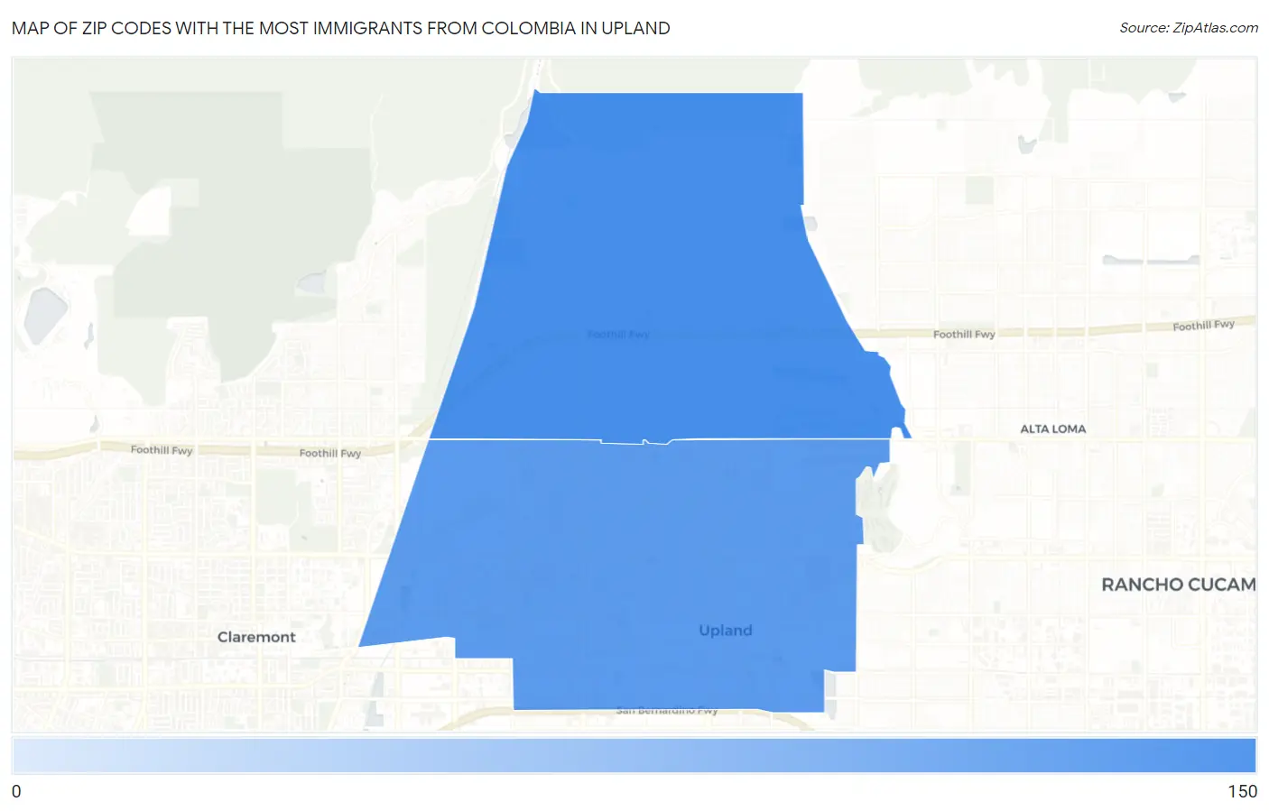Zip Codes with the Most Immigrants from Colombia in Upland Map