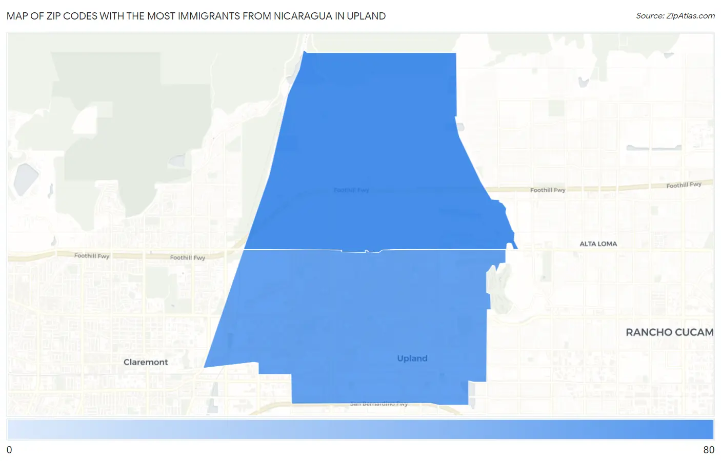 Zip Codes with the Most Immigrants from Nicaragua in Upland Map