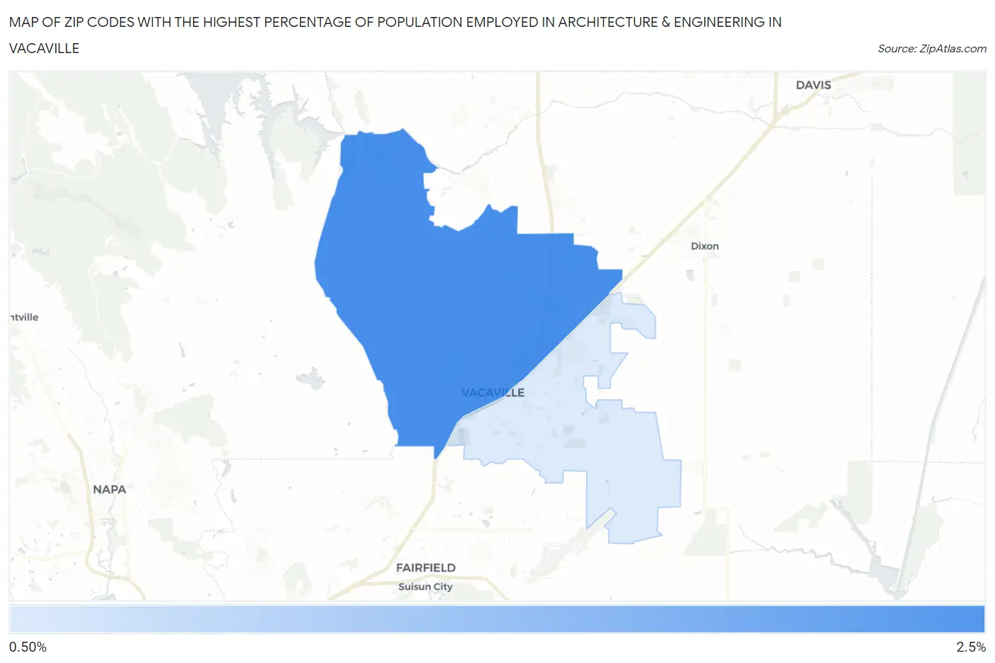 Zip Codes with the Highest Percentage of Population Employed in Architecture & Engineering in Vacaville Map