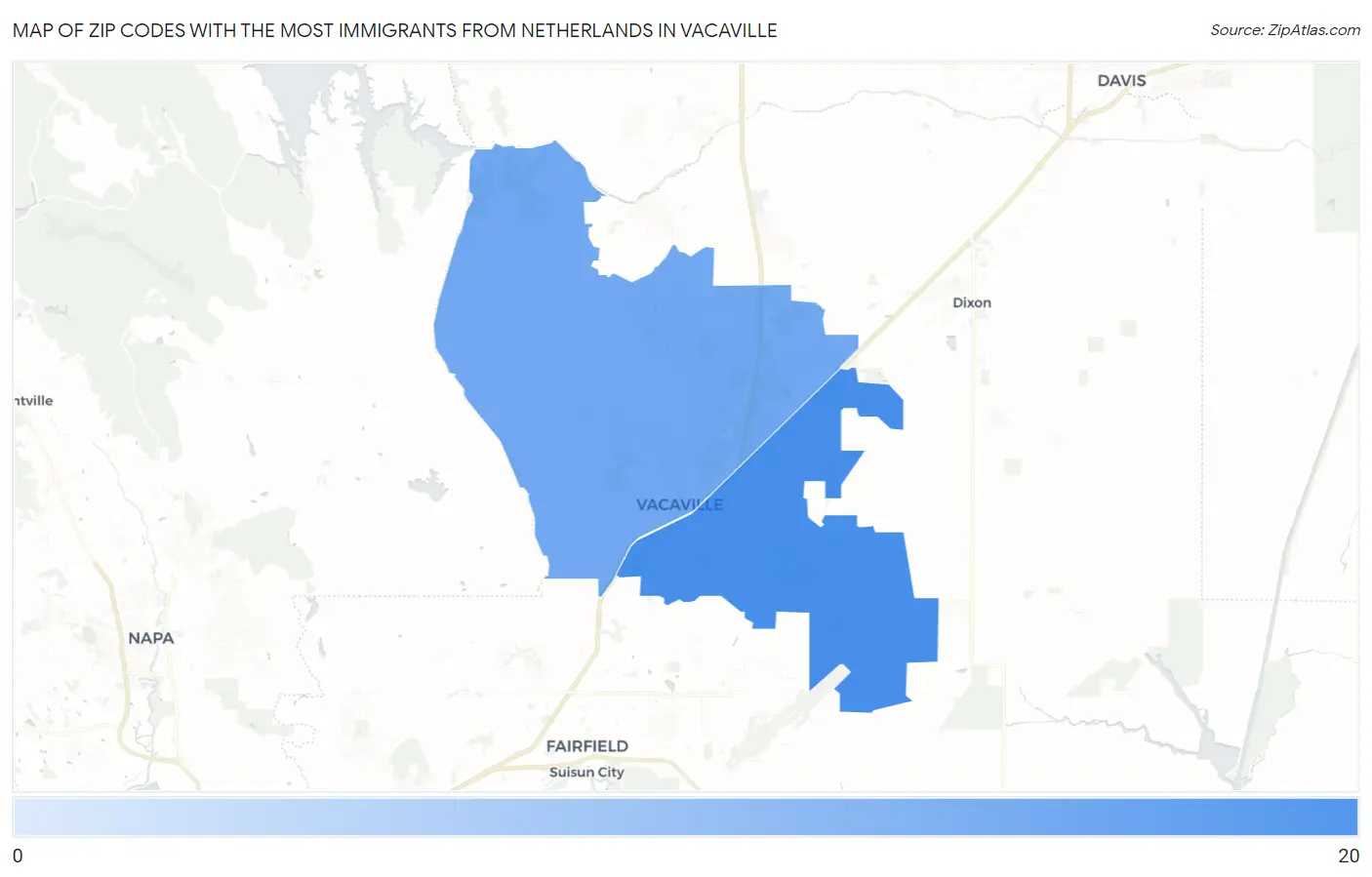 Zip Codes with the Most Immigrants from Netherlands in Vacaville Map