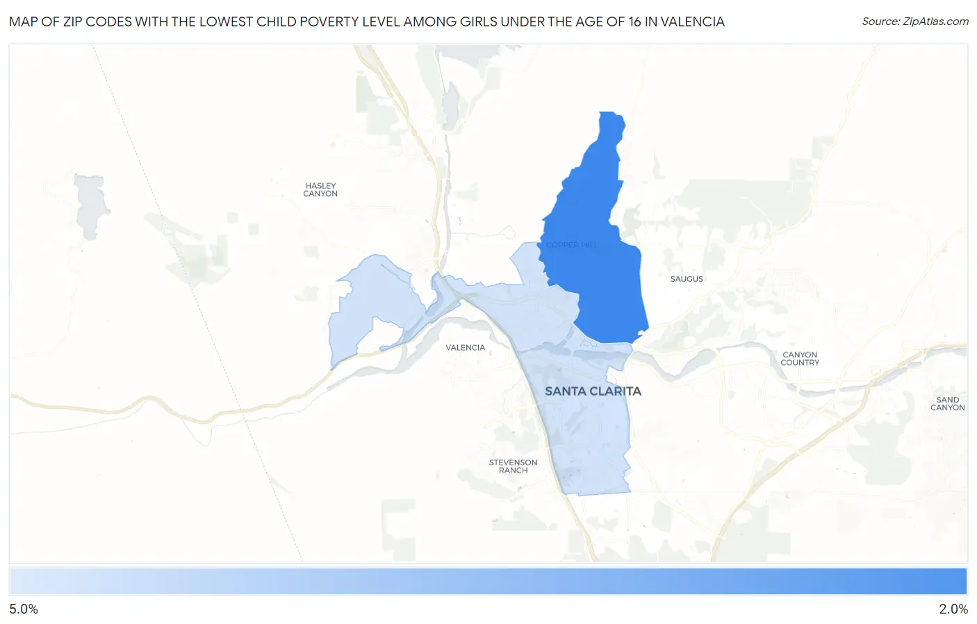 Zip Codes with the Lowest Child Poverty Level Among Girls Under the Age of 16 in Valencia Map