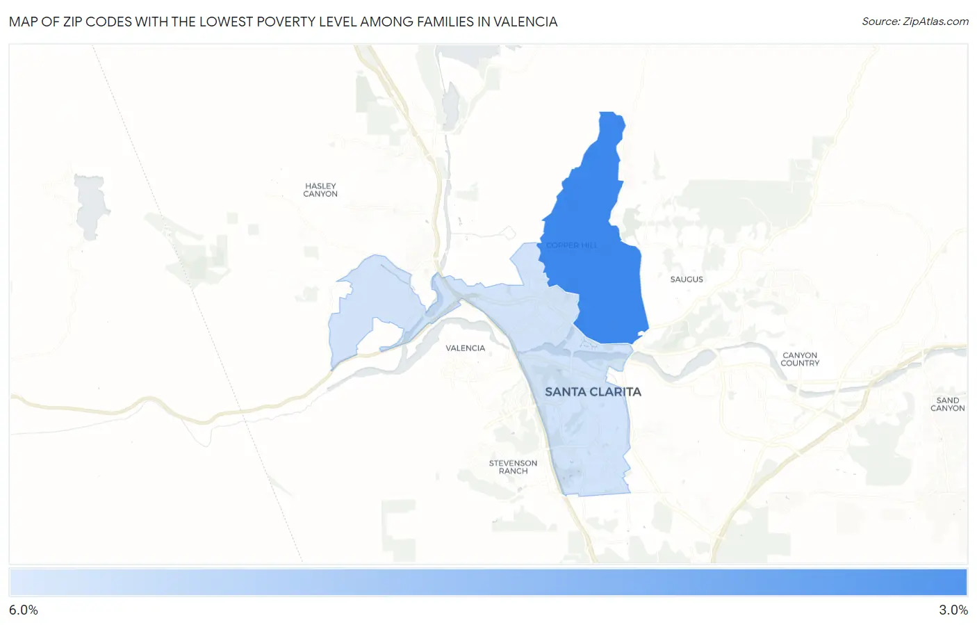 Zip Codes with the Lowest Poverty Level Among Families in Valencia Map