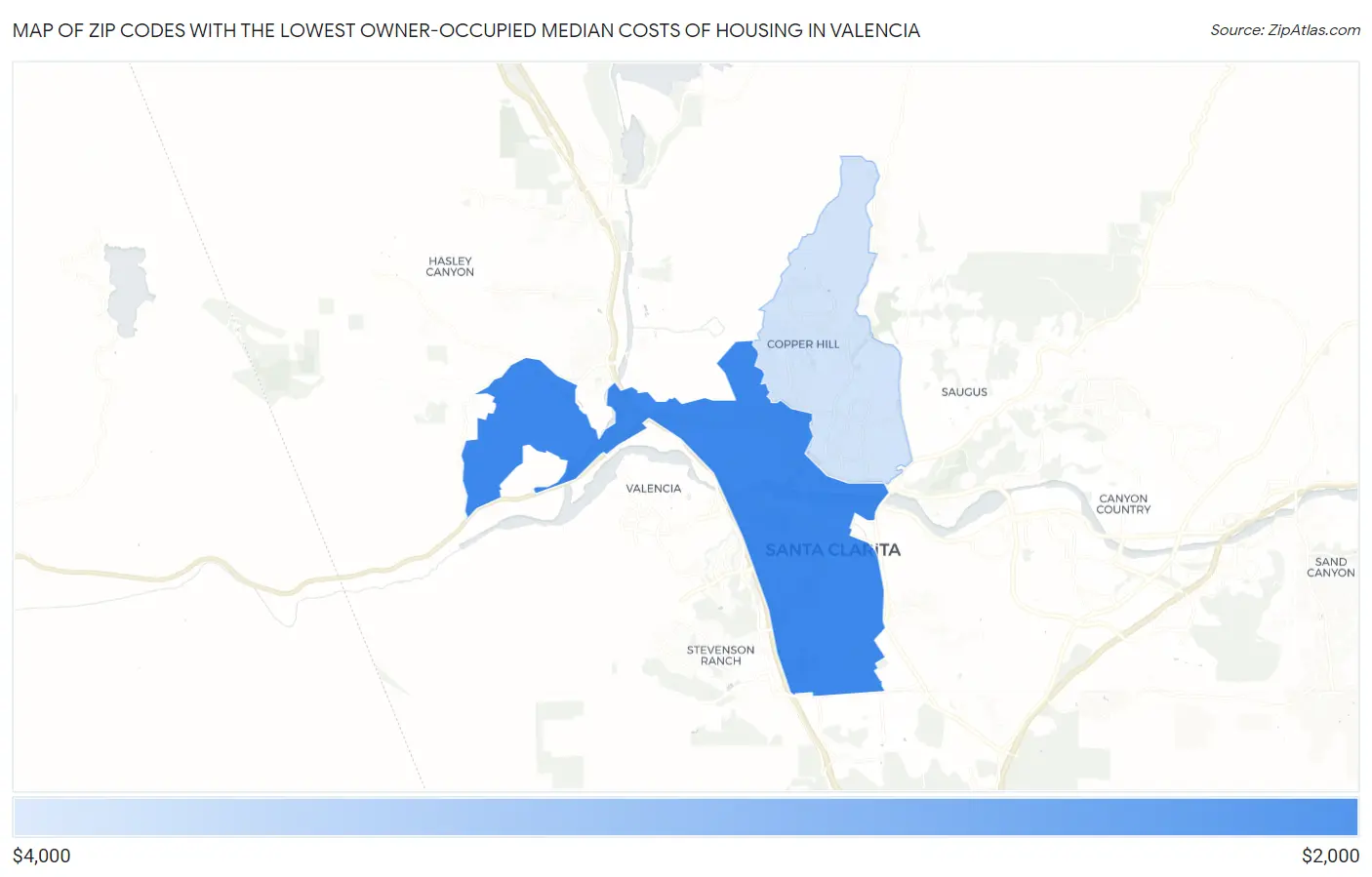 Zip Codes with the Lowest Owner-Occupied Median Costs of Housing in Valencia Map