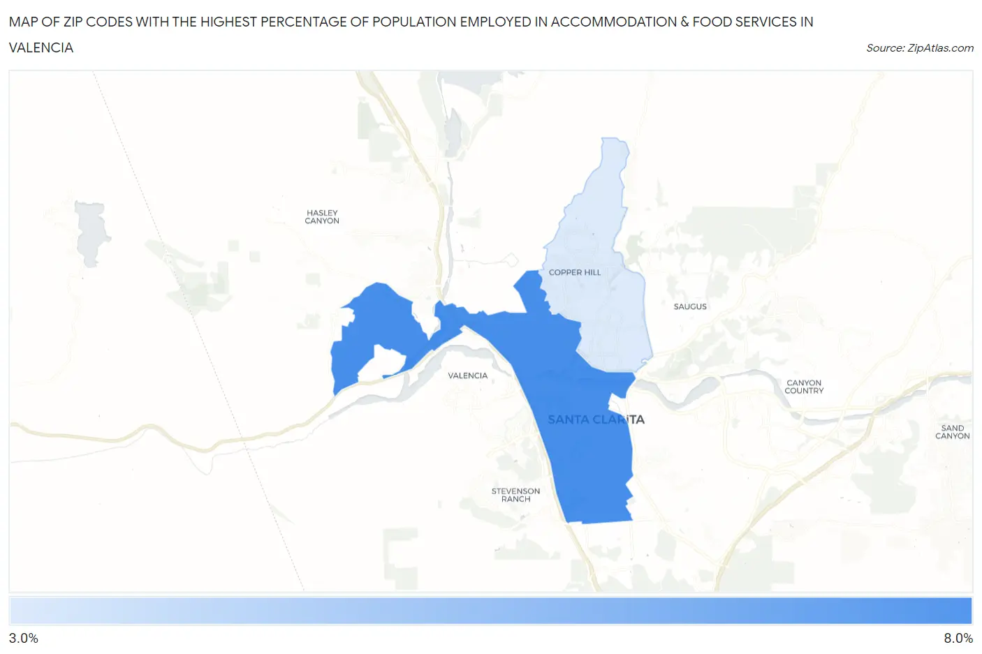 Zip Codes with the Highest Percentage of Population Employed in Accommodation & Food Services in Valencia Map