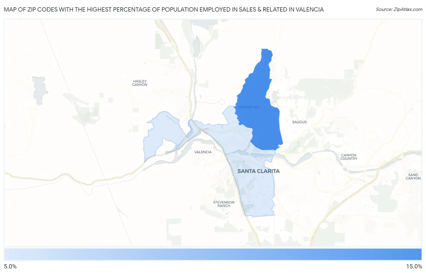 Zip Codes with the Highest Percentage of Population Employed in Sales & Related in Valencia Map