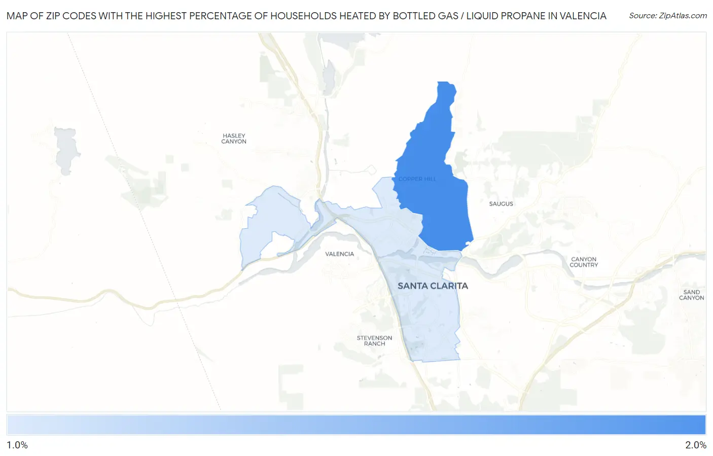 Zip Codes with the Highest Percentage of Households Heated by Bottled Gas / Liquid Propane in Valencia Map