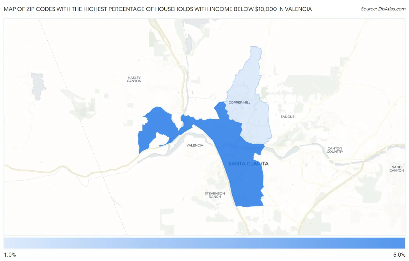 Zip Codes with the Highest Percentage of Households with Income Below $10,000 in Valencia Map