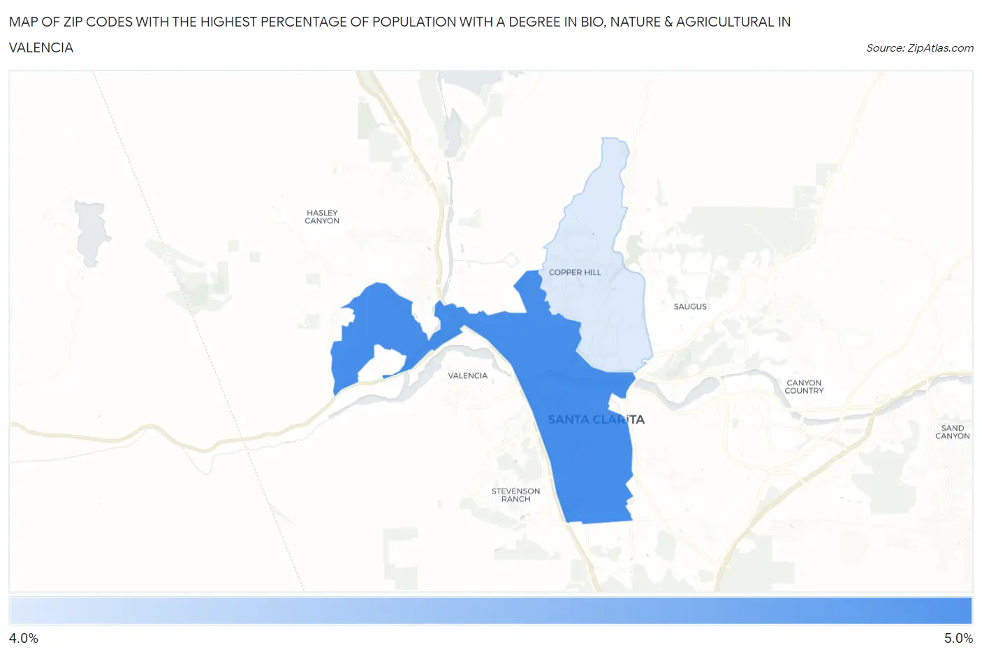 Zip Codes with the Highest Percentage of Population with a Degree in Bio, Nature & Agricultural in Valencia Map