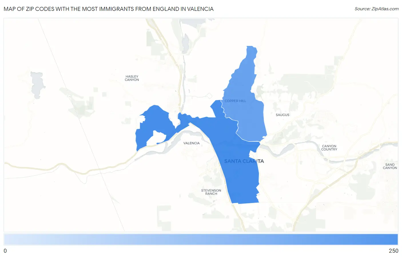 Zip Codes with the Most Immigrants from England in Valencia Map