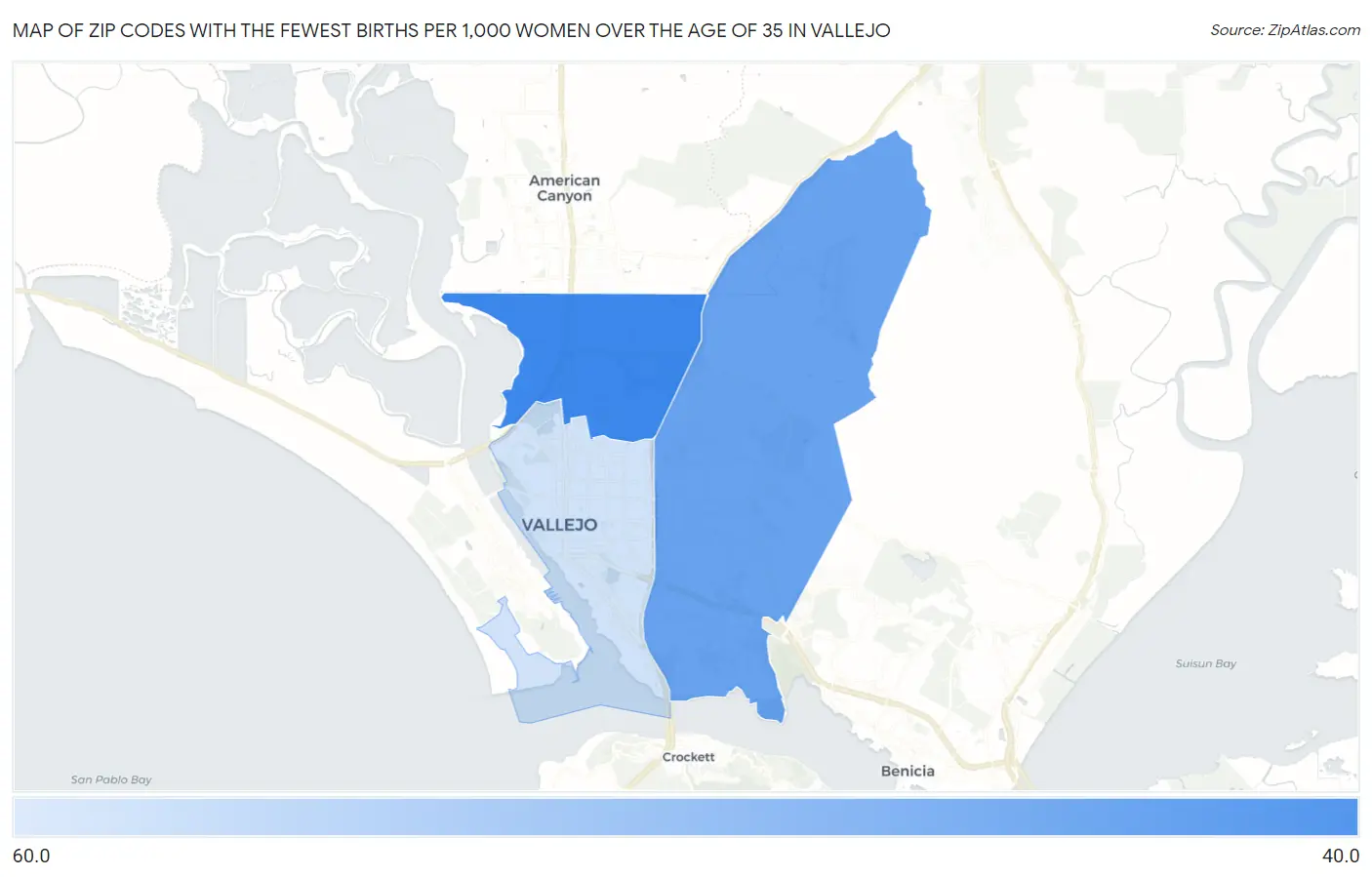 Zip Codes with the Fewest Births per 1,000 Women Over the Age of 35 in Vallejo Map