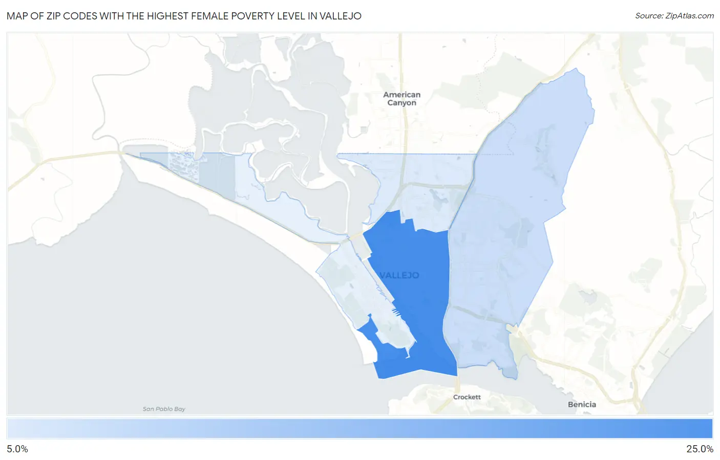 Zip Codes with the Highest Female Poverty Level in Vallejo Map