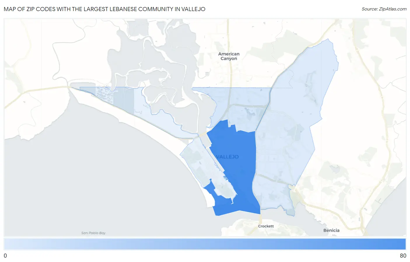 Zip Codes with the Largest Lebanese Community in Vallejo Map