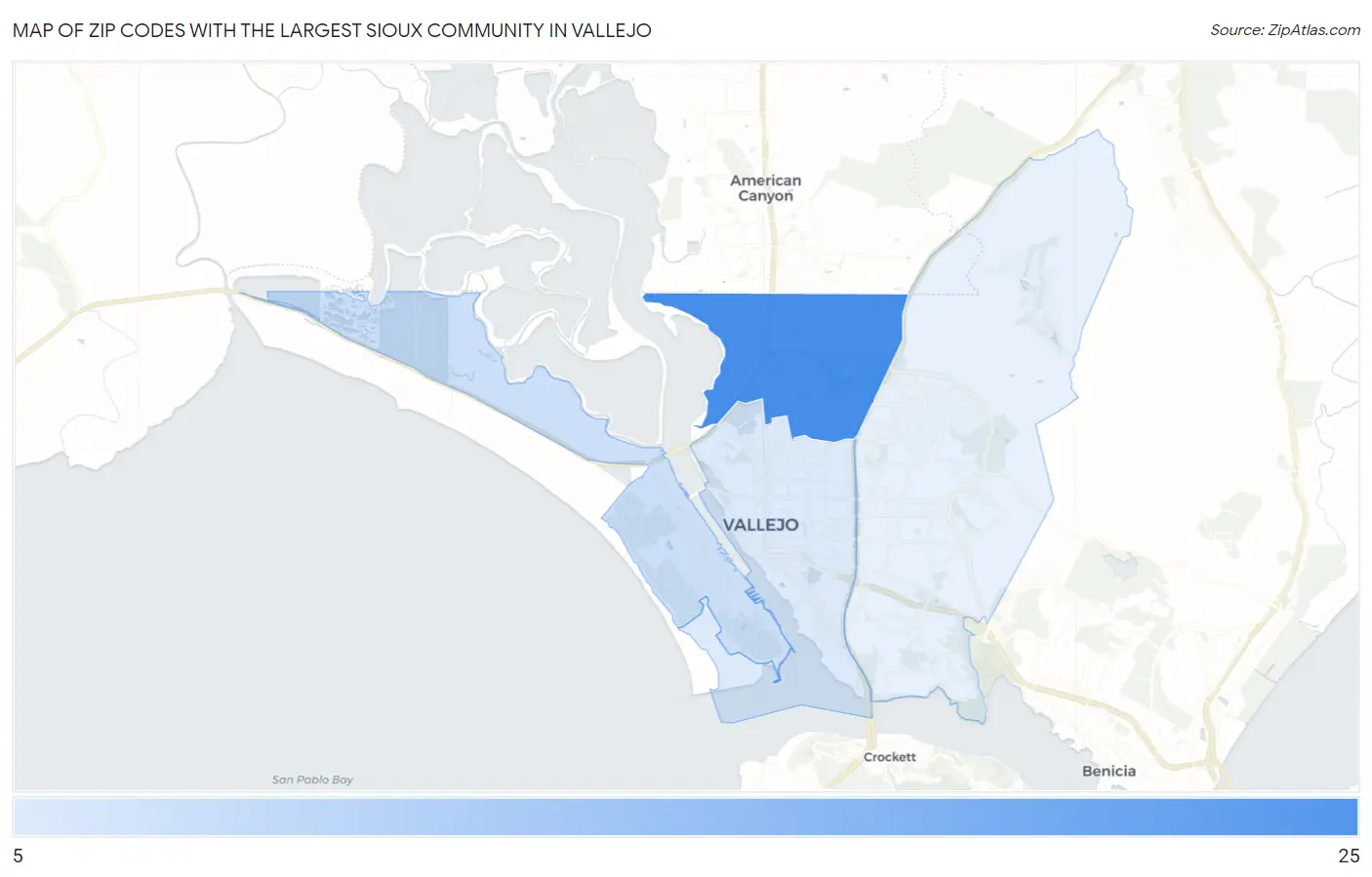 Zip Codes with the Largest Sioux Community in Vallejo Map