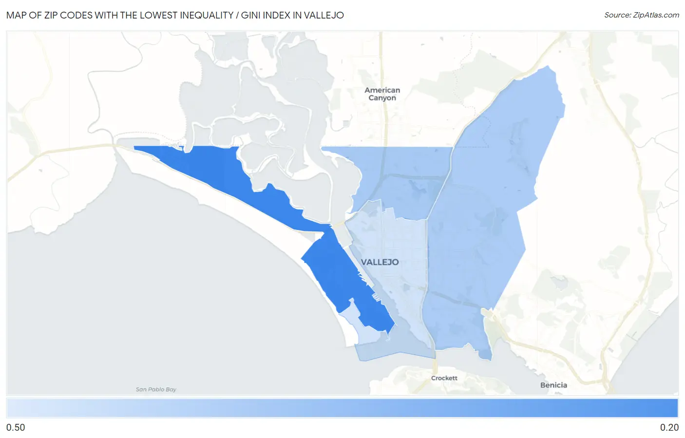 Zip Codes with the Lowest Inequality / Gini Index in Vallejo Map