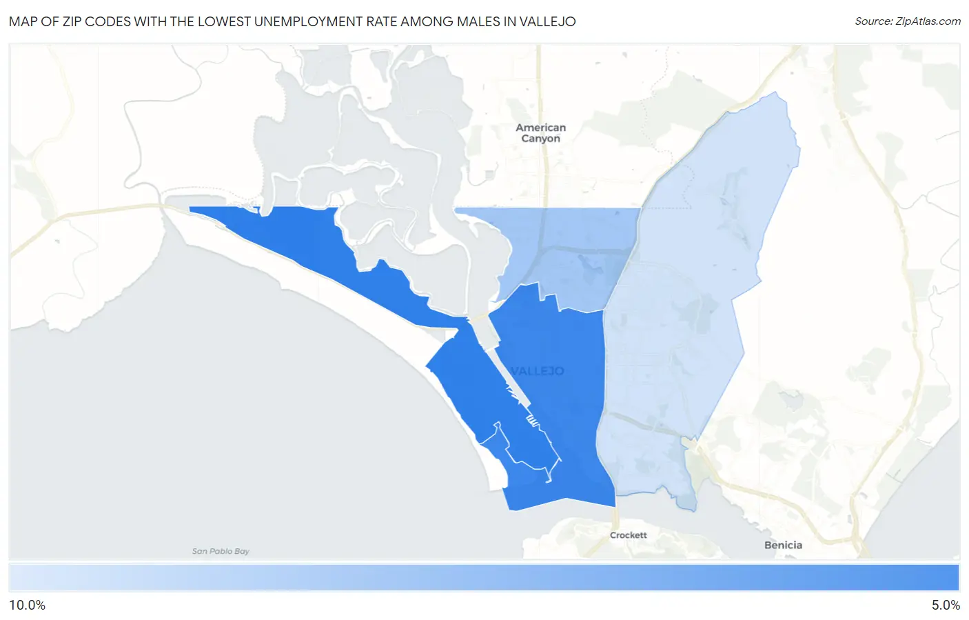 Zip Codes with the Lowest Unemployment Rate Among Males in Vallejo Map