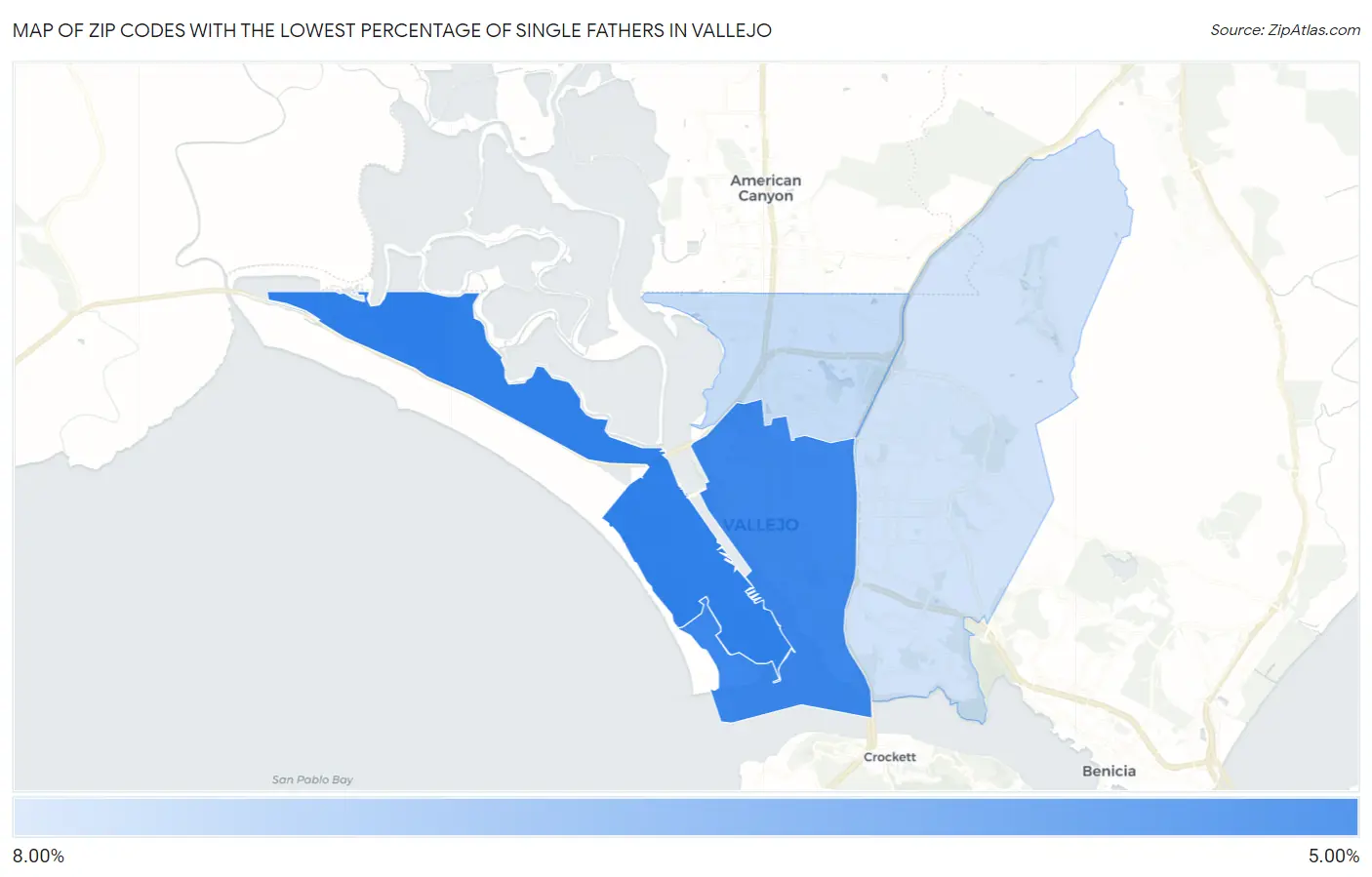 Zip Codes with the Lowest Percentage of Single Fathers in Vallejo Map