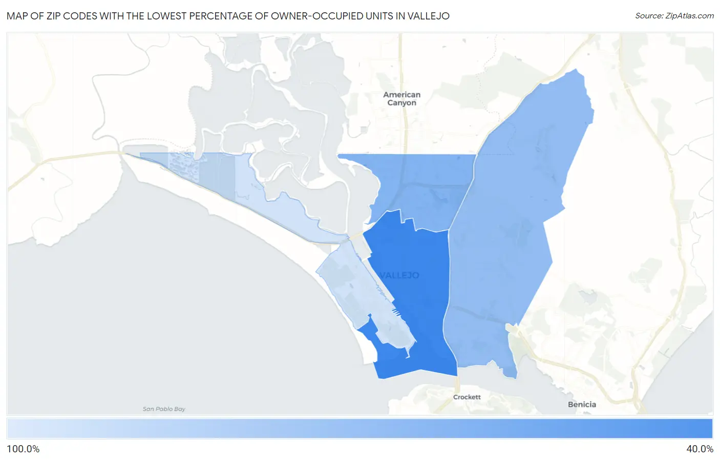 Zip Codes with the Lowest Percentage of Owner-Occupied Units in Vallejo Map