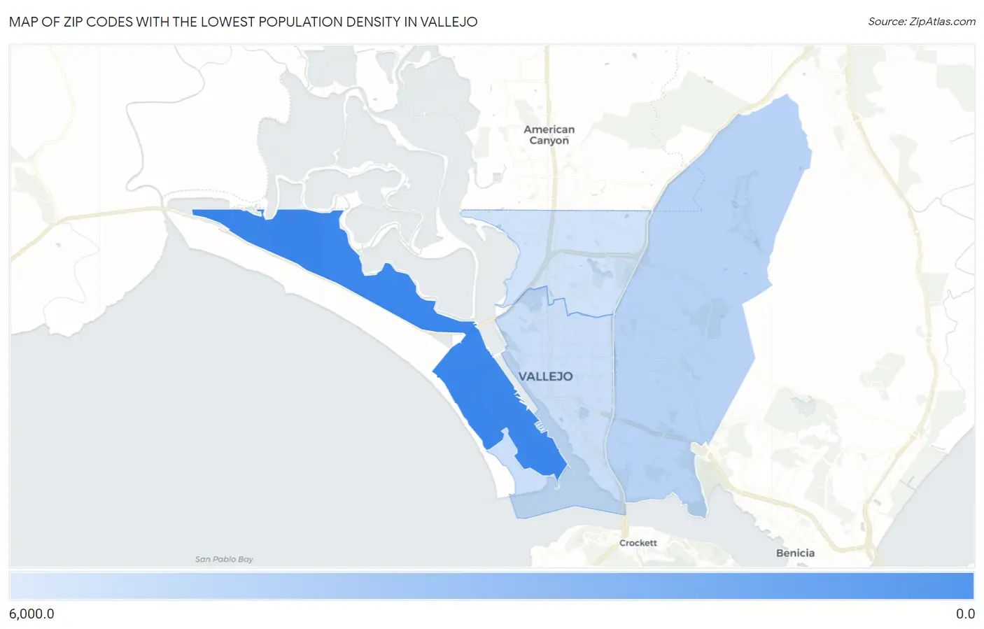 Zip Codes with the Lowest Population Density in Vallejo Map