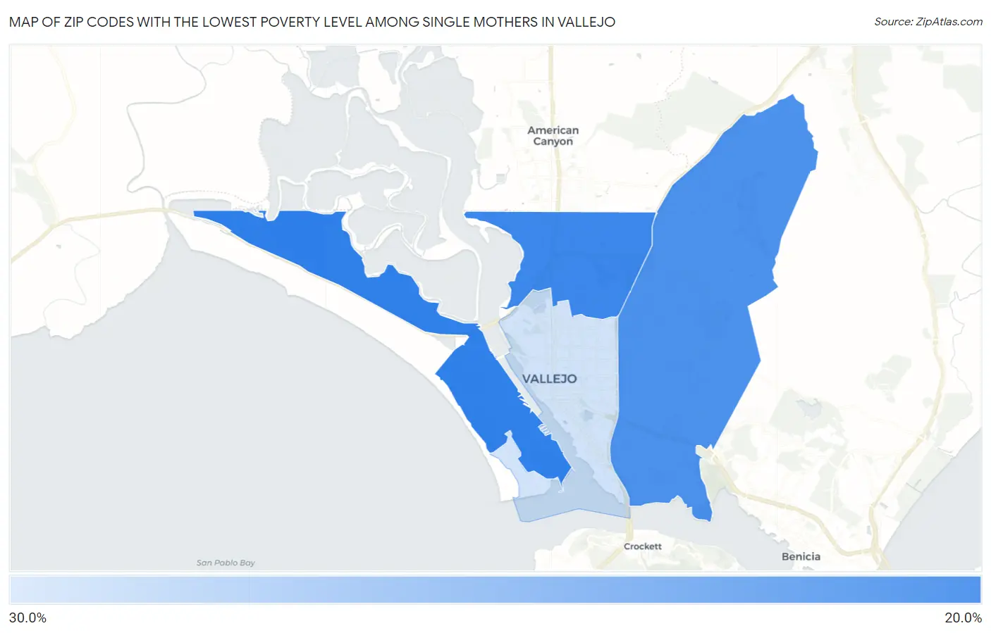 Zip Codes with the Lowest Poverty Level Among Single Mothers in Vallejo Map