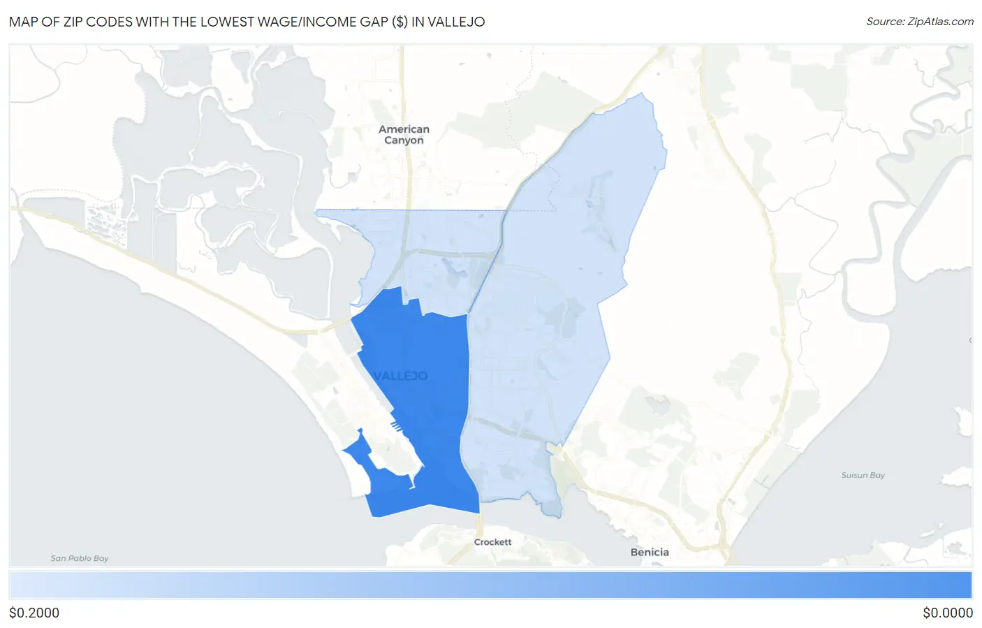 Zip Codes with the Lowest Wage/Income Gap ($) in Vallejo Map
