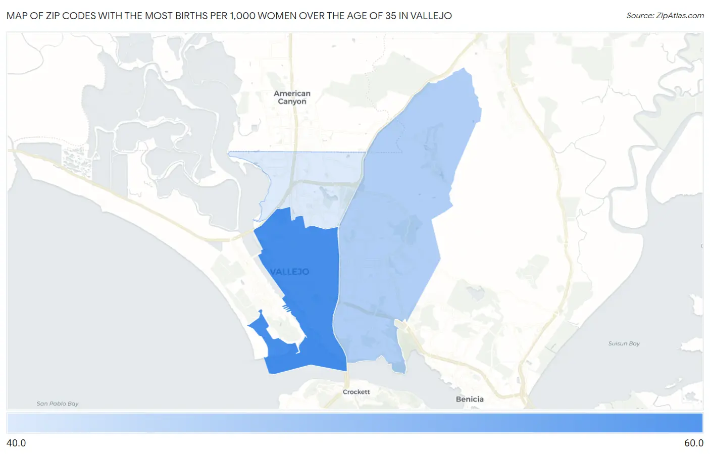 Zip Codes with the Most Births per 1,000 Women Over the Age of 35 in Vallejo Map