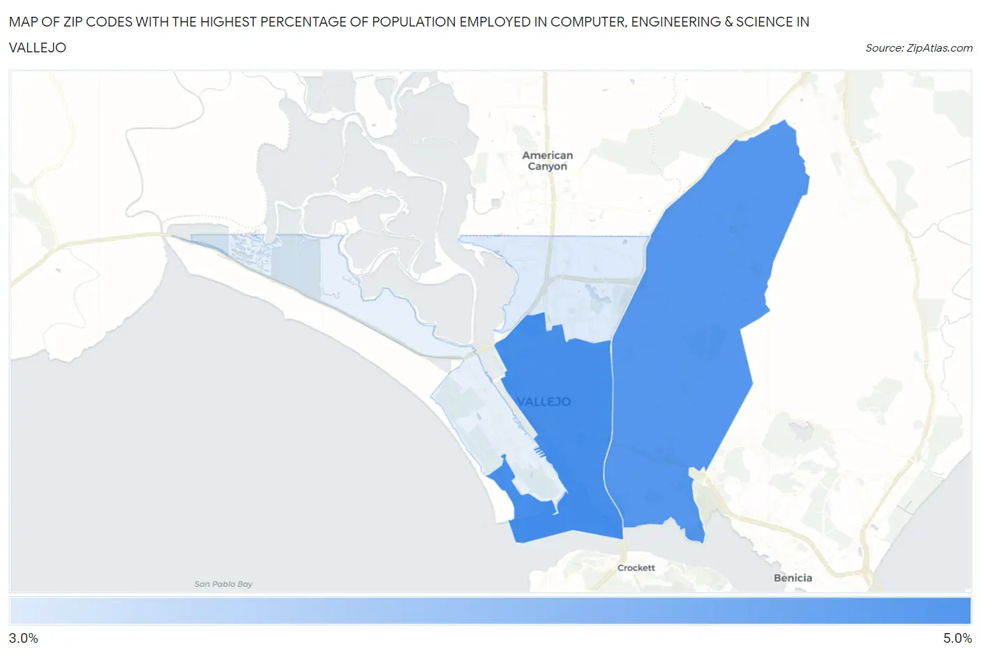 Zip Codes with the Highest Percentage of Population Employed in Computer, Engineering & Science in Vallejo Map