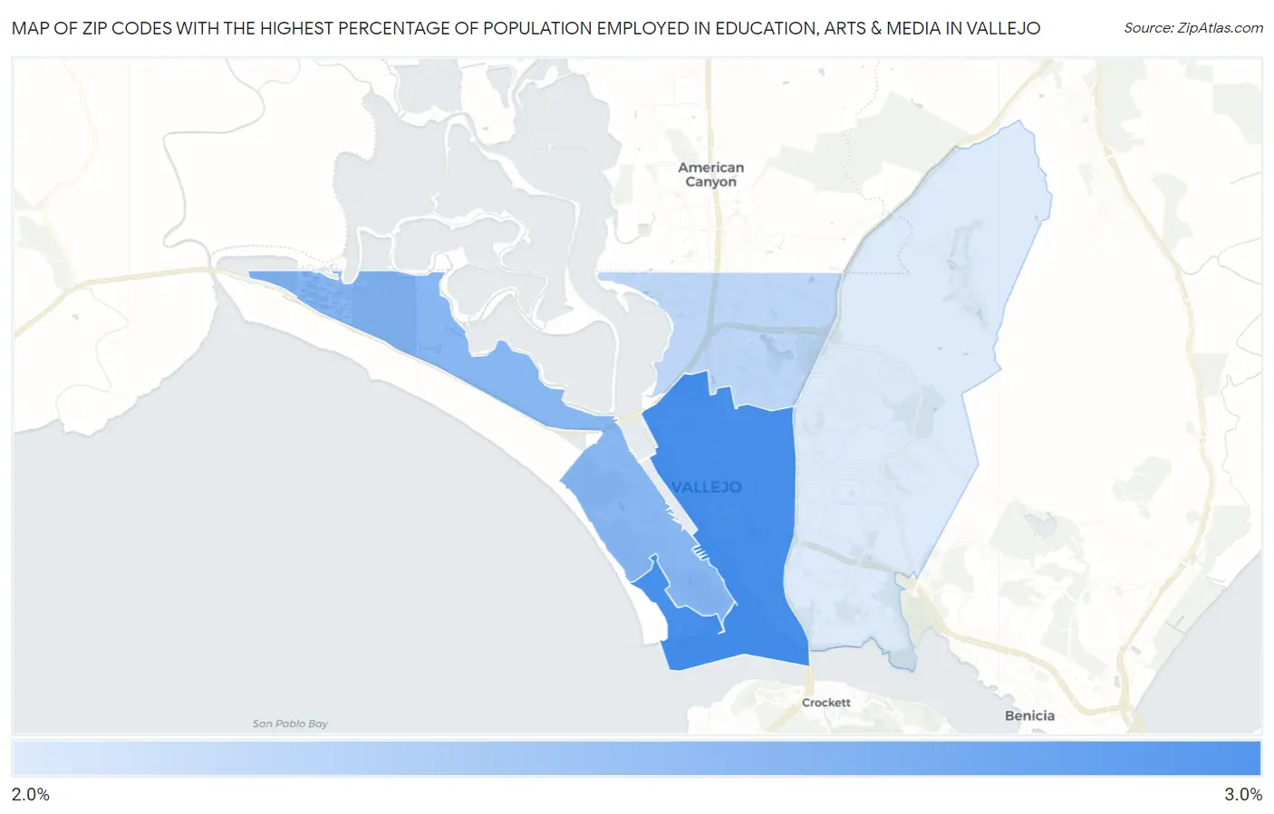 Zip Codes with the Highest Percentage of Population Employed in Education, Arts & Media in Vallejo Map