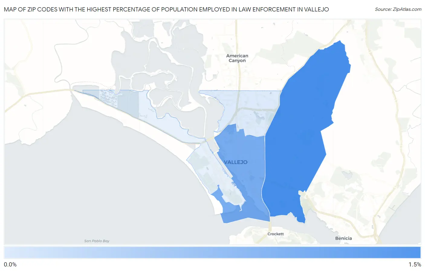 Zip Codes with the Highest Percentage of Population Employed in Law Enforcement in Vallejo Map