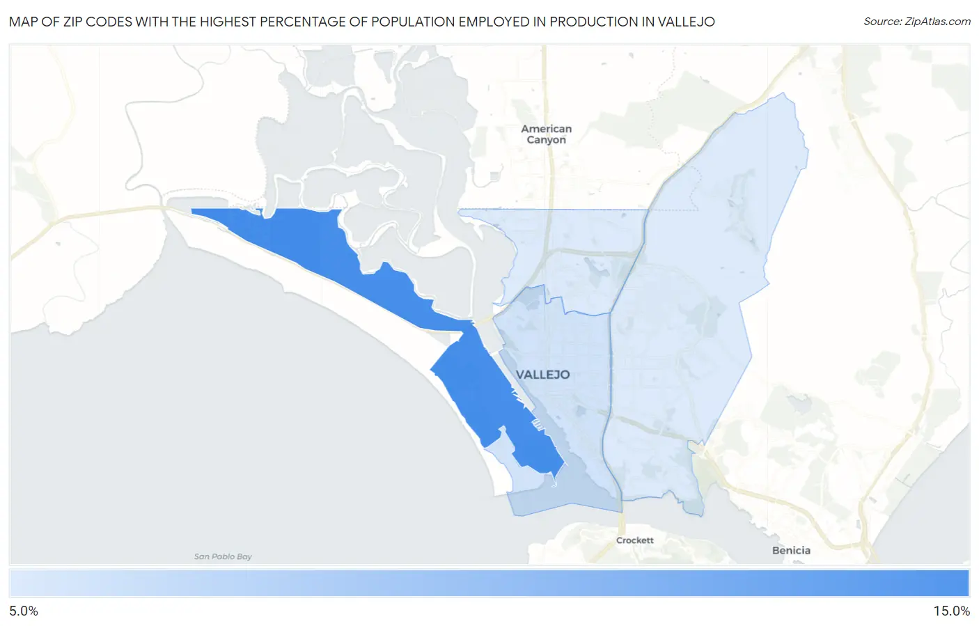 Zip Codes with the Highest Percentage of Population Employed in Production in Vallejo Map