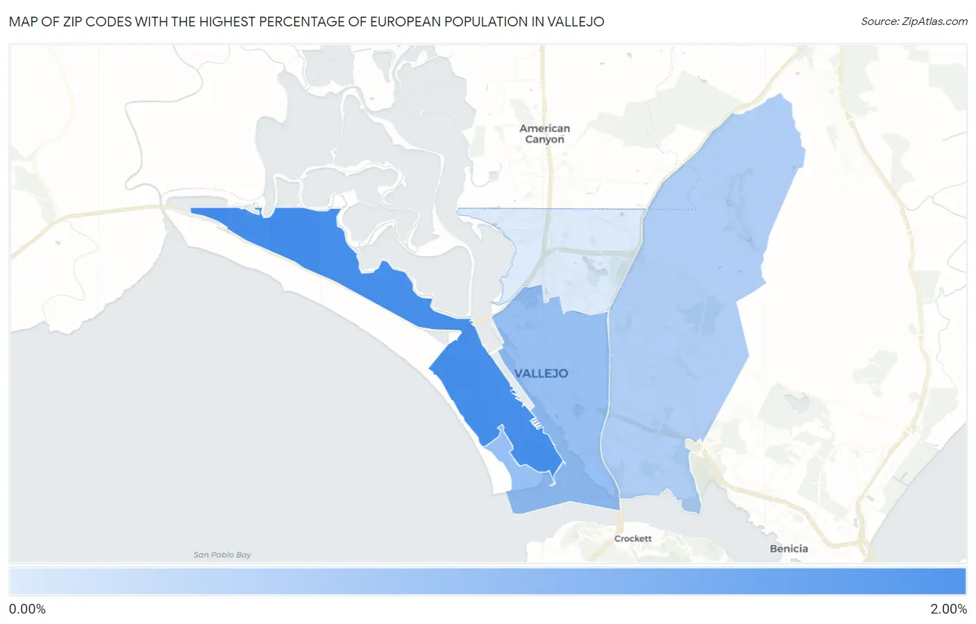 Zip Codes with the Highest Percentage of European Population in Vallejo Map