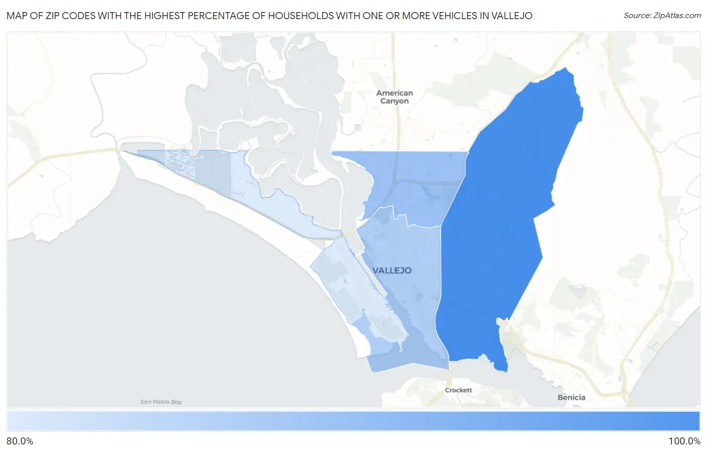 Zip Codes with the Highest Percentage of Households With One or more Vehicles in Vallejo Map