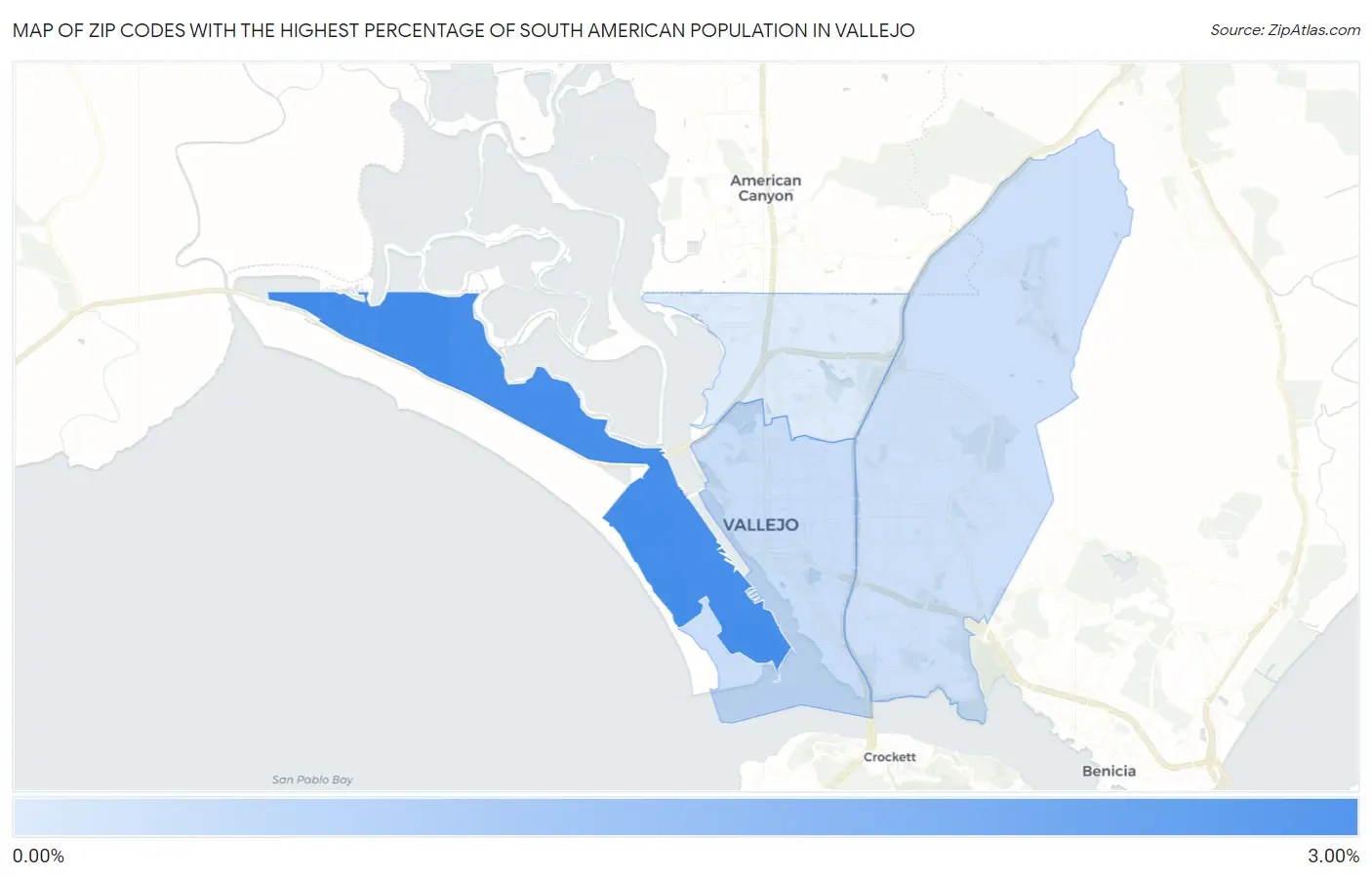 Zip Codes with the Highest Percentage of South American Population in Vallejo Map