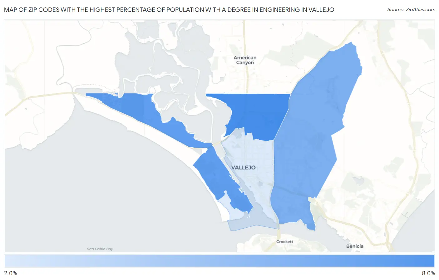 Zip Codes with the Highest Percentage of Population with a Degree in Engineering in Vallejo Map