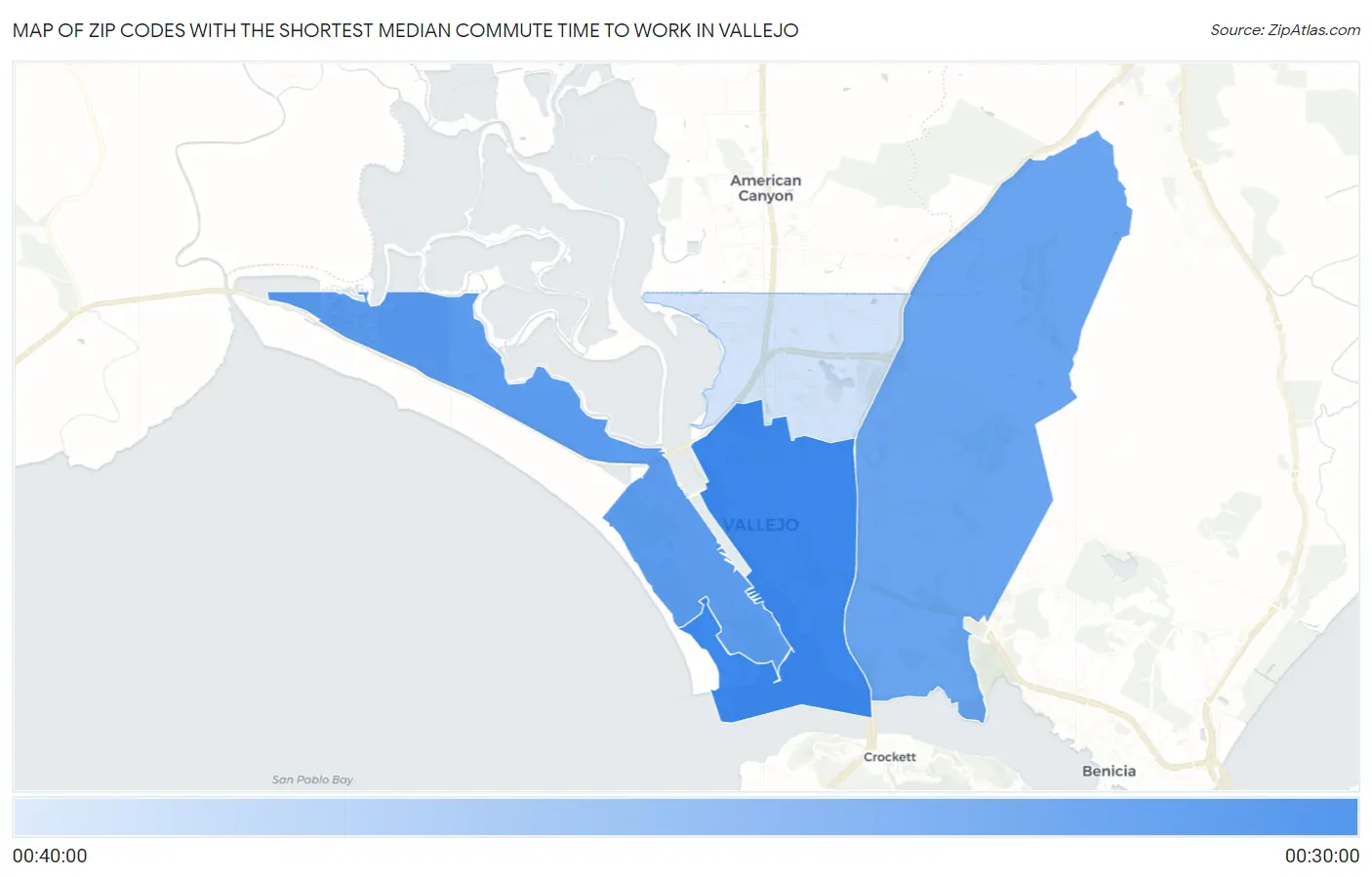 Zip Codes with the Shortest Median Commute Time to Work in Vallejo Map