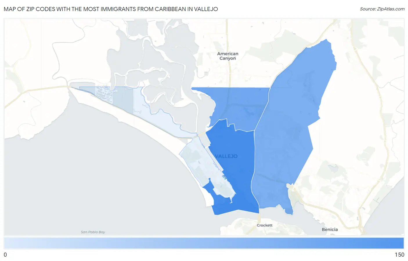 Zip Codes with the Most Immigrants from Caribbean in Vallejo Map