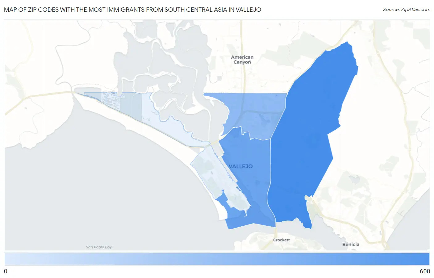 Zip Codes with the Most Immigrants from South Central Asia in Vallejo Map