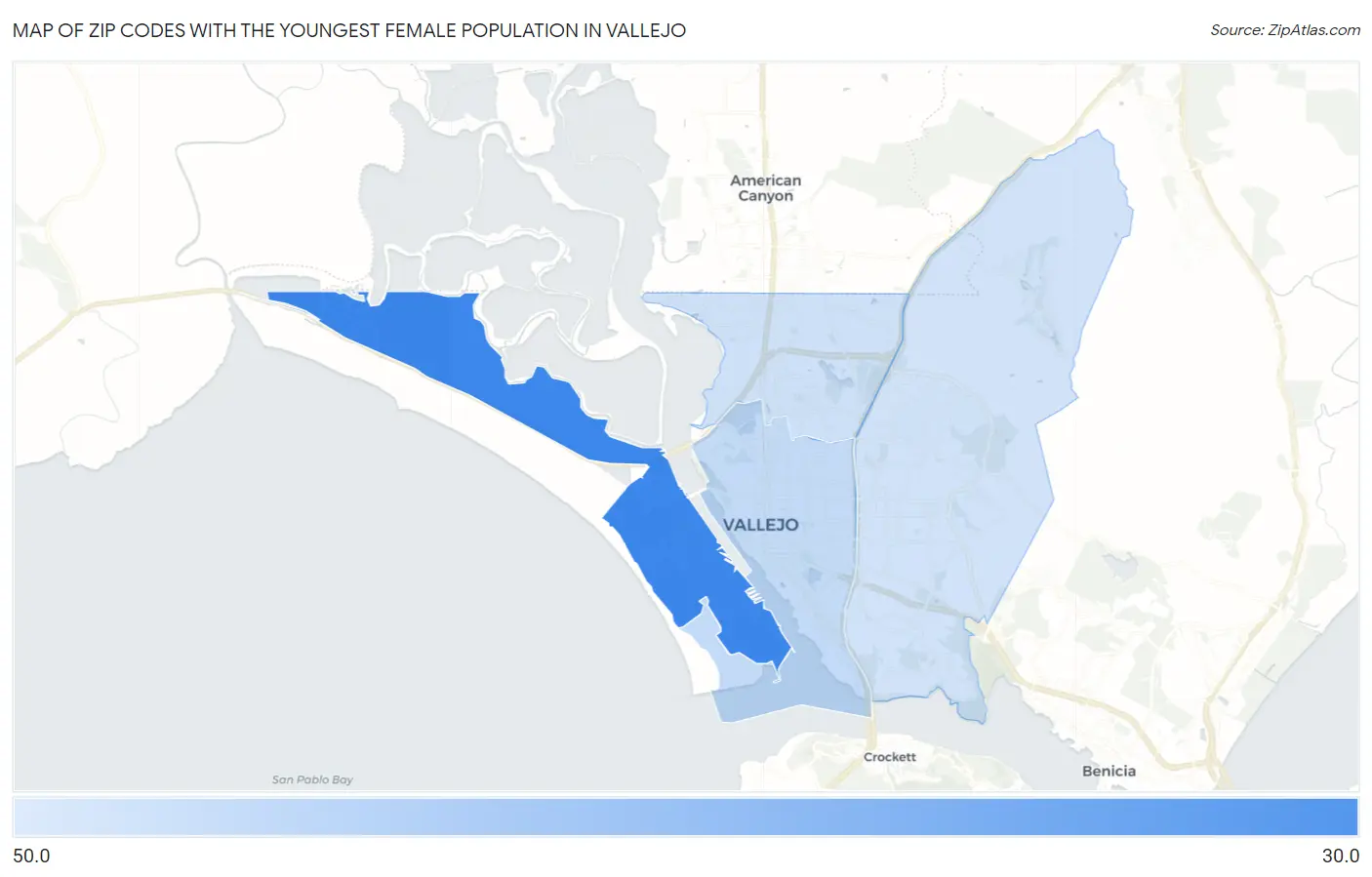 Zip Codes with the Youngest Female Population in Vallejo Map