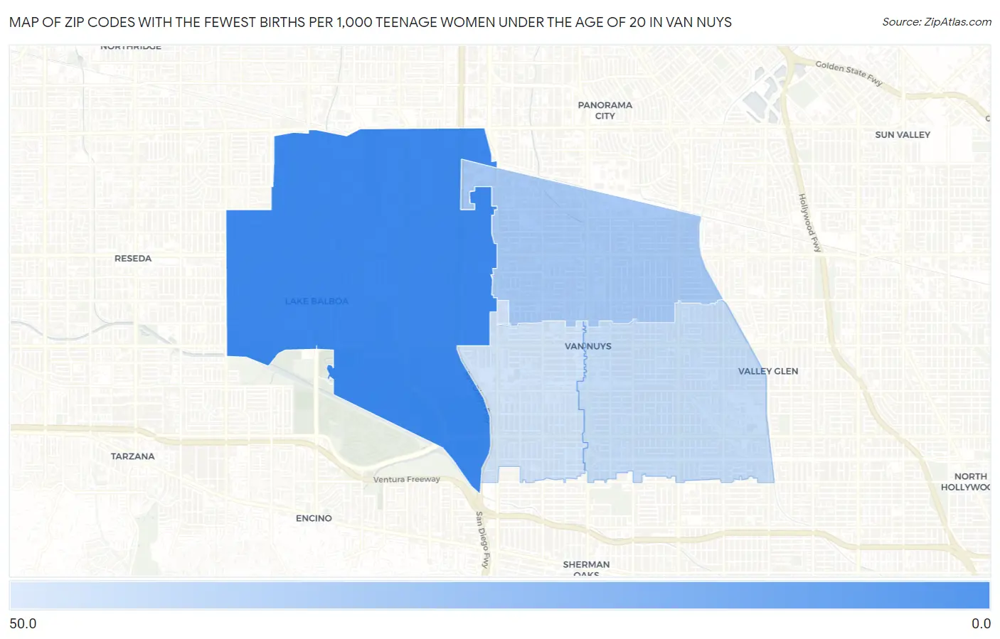 Zip Codes with the Fewest Births per 1,000 Teenage Women Under the Age of 20 in Van Nuys Map