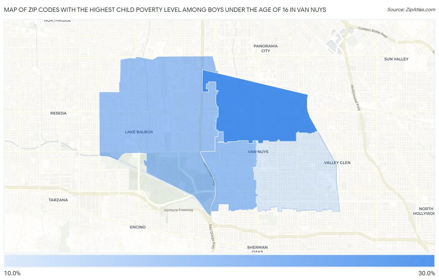 Zip Codes with the Highest Child Poverty Level Among Boys Under the Age of 16 in Van Nuys Map